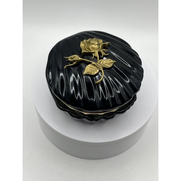 VINTAGEHinged Trinket/Jewelry Box Vintage Plastic Black Decorative Gold Flowers - Picture 2 of 16